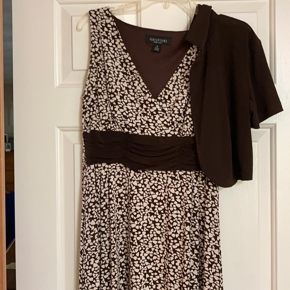 Dress w/jacket, size 8, brown/cream